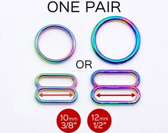 Set of 2 Rings OR 2 Sliders Bra Strap Sliders in Rainbow Colored for Bra making or Swimwear - 3/8"/10mm or 1/2"/12mm