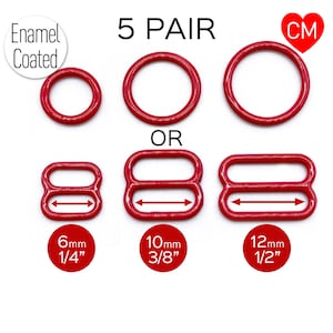 CLEARANCE- 5 Pair of Rings OR Sliders in Regal Red for Bra making or Swimwear - 1/4&quot;/6mm, 3/8&quot;/10mm, 1/2&quot;/12mm