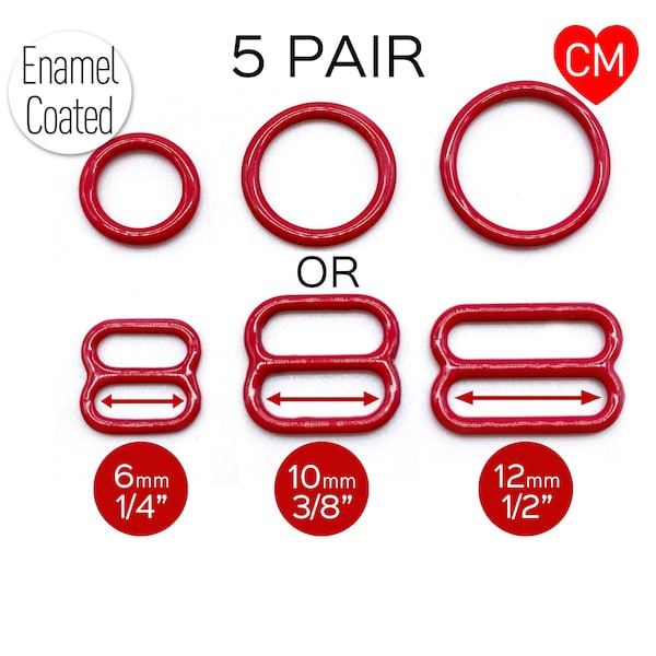 CLEARANCE- 5 Pair of Rings OR Sliders in Regal Red for Bra making or Swimwear - 1/4"/6mm, 3/8"/10mm, 1/2"/12mm