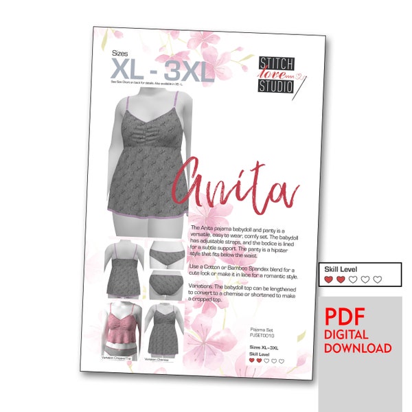 Downloadable PDF "Anita" Babydoll and Panty Set Sewing Pattern, Sizes XL-3XL