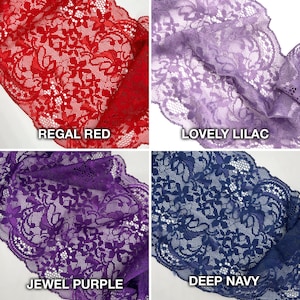 Stitch Love Studio - 6 1/2" (16.5cm) Stretch Lace, Soft, High Quality- 1 Yard, in regal red, lovely lilac, jewel purple, deep navy