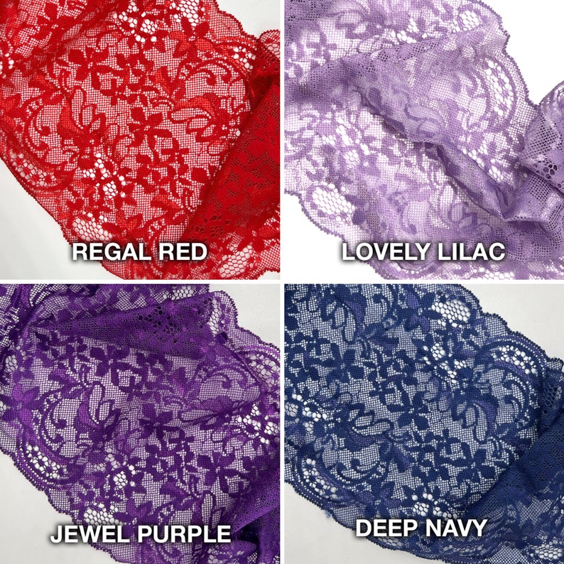 Stitch Love Studio - 6 1/2" (16.5cm) Stretch Lace, Soft, High Quality- 1 Yard, in regal red, lovely lilac, jewel purple, deep navy