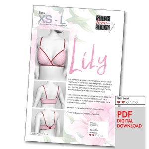 Downloadable PDF &quot;Lily&quot; Bralette Sewing Pattern, Sizes XS-L