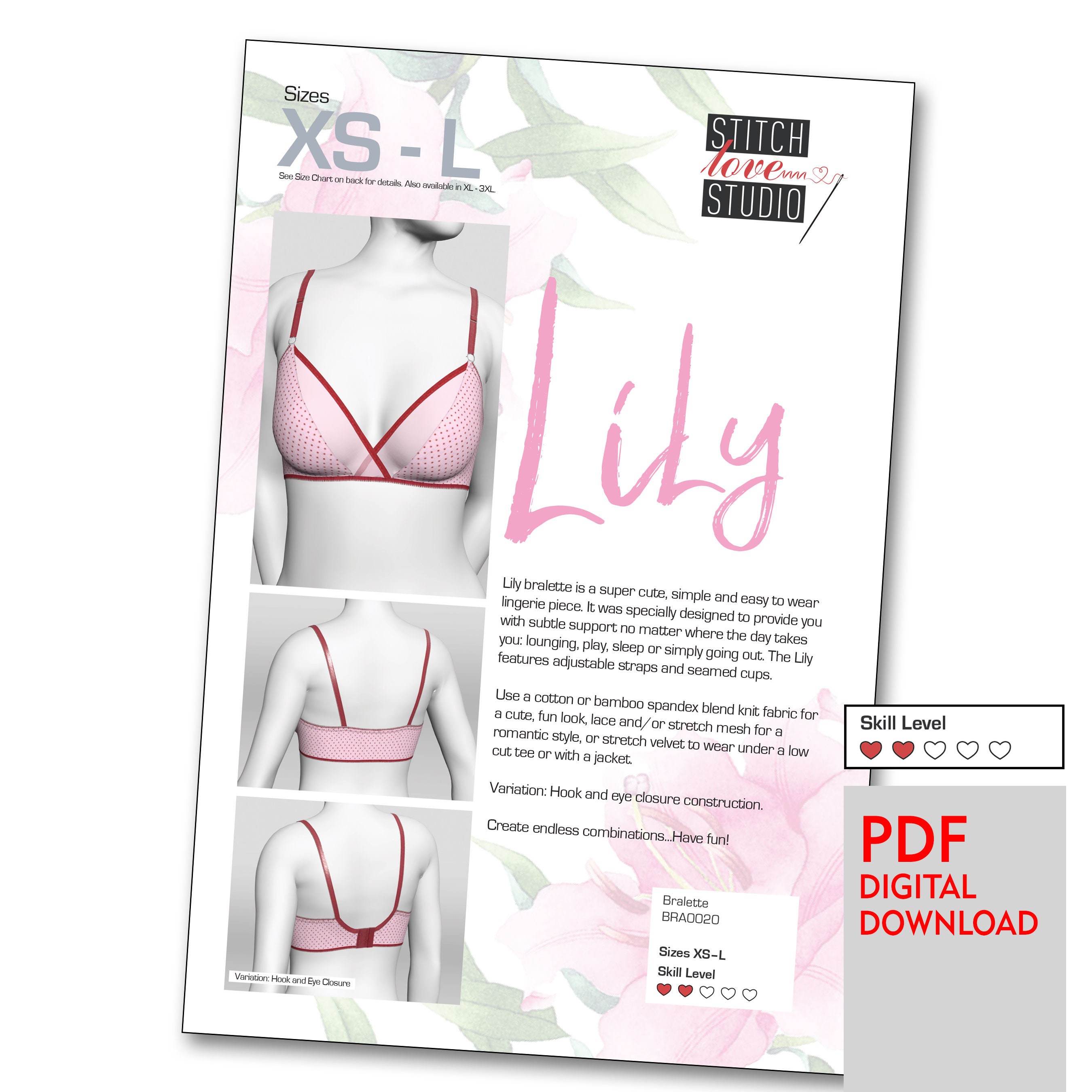 Downloadable PDF lily Bralette Sewing Pattern, Sizes XS-L 