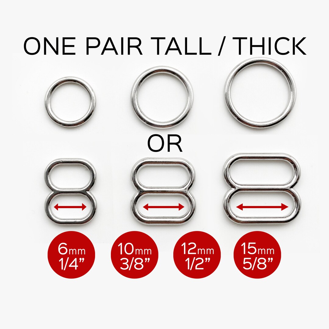Set of 2 Thicker Rings OR 2 Tall Thick Sliders in Silver for Swimwear or Bra Making 1/4/6mm, 3/8