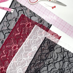 9&quot; (23cm) Stretch Lace, Soft, High Quality in Black, White, Black-Pink or Wine-Pink- by the 1 yard