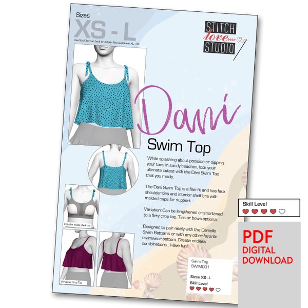 Herunterladbare PDF "Dani" Swim Top Schnittmuster Größen XS-L