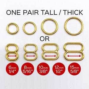 Set of 2 Thicker Rings OR 2 Tall Thick Sliders in Gold for Swimwear or Bra making- 1/4&quot;/6mm, 5/16&quot;/8mm, 3/8&quot;/10mm, 1/2&quot;/12mm, 5/8&quot;/15mm
