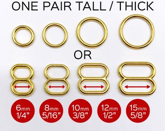 Set of 2 Thicker Rings OR 2 Tall Thick Sliders in Gold for Swimwear or Bra making- 1/4"/6mm, 5/16"/8mm, 3/8"/10mm, 1/2"/12mm, 5/8"/15mm