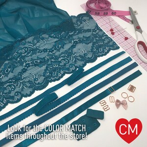 May include: Teal lace trim, teal elastic straps, and teal bra strap adjusters.  The text "Look for the COLOR MATCH items throughout the store!" is visible in the image.  The letters "CM" are in a red heart.