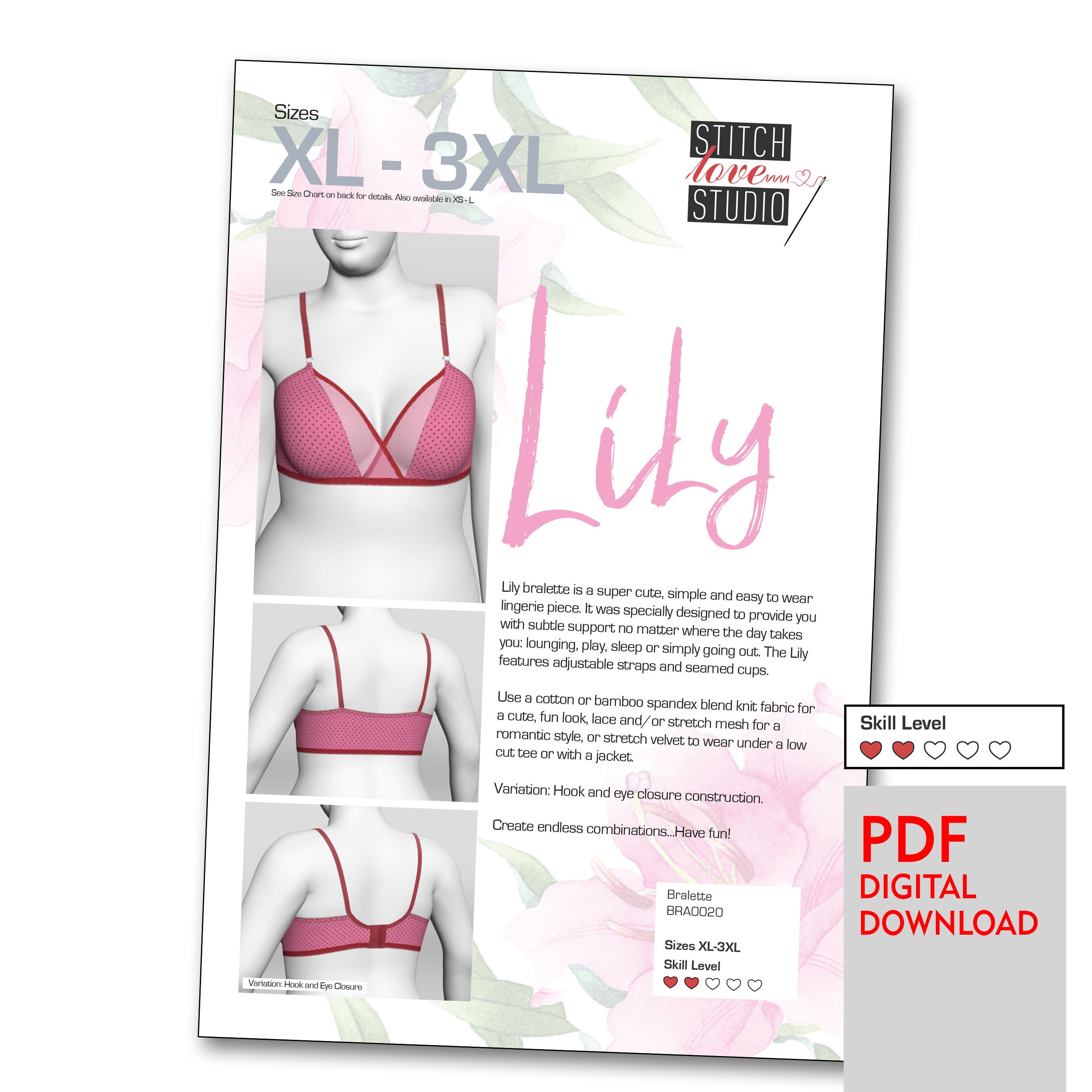 Downloadable PDF lily Bralette Sewing Pattern, Sizes XL-3XL 