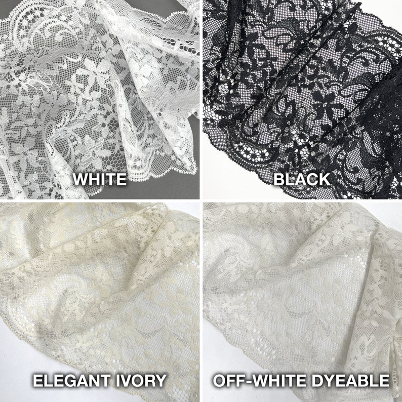 Stitch Love Studio - 6 1/2" (16.5cm) Stretch Lace, Soft, High Quality- 1 Yard, in black, white, elegant ivory, off-white dyeable