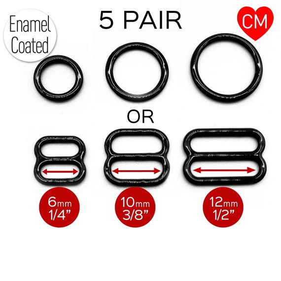 CLEARANCE 5 Pair of Rings OR Sliders in Black Enamel for Bra Making or  Swimwear 1/4/6mm, 3/8/10mm, 1/2/12mm 