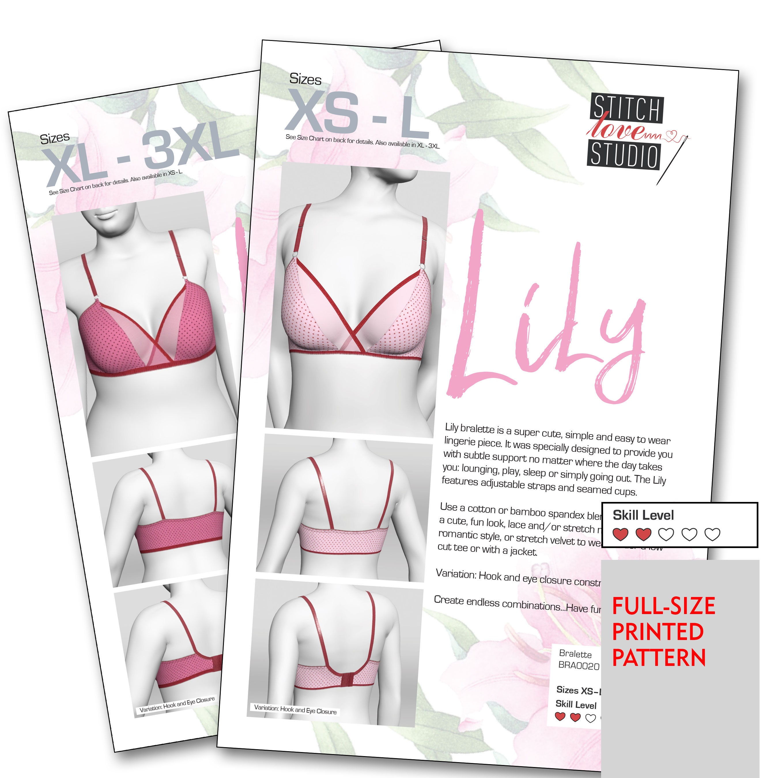 Printed lily Bralette Sewing Pattern, Sizes XS-L or XL-3XL -  Denmark