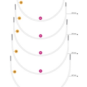 May include: Diagram showing five different sizes of metal bra strap wires. The wires are labelled with their length in millimetres and their width in millimetres. The text "Straple" is at the bottom of the image.