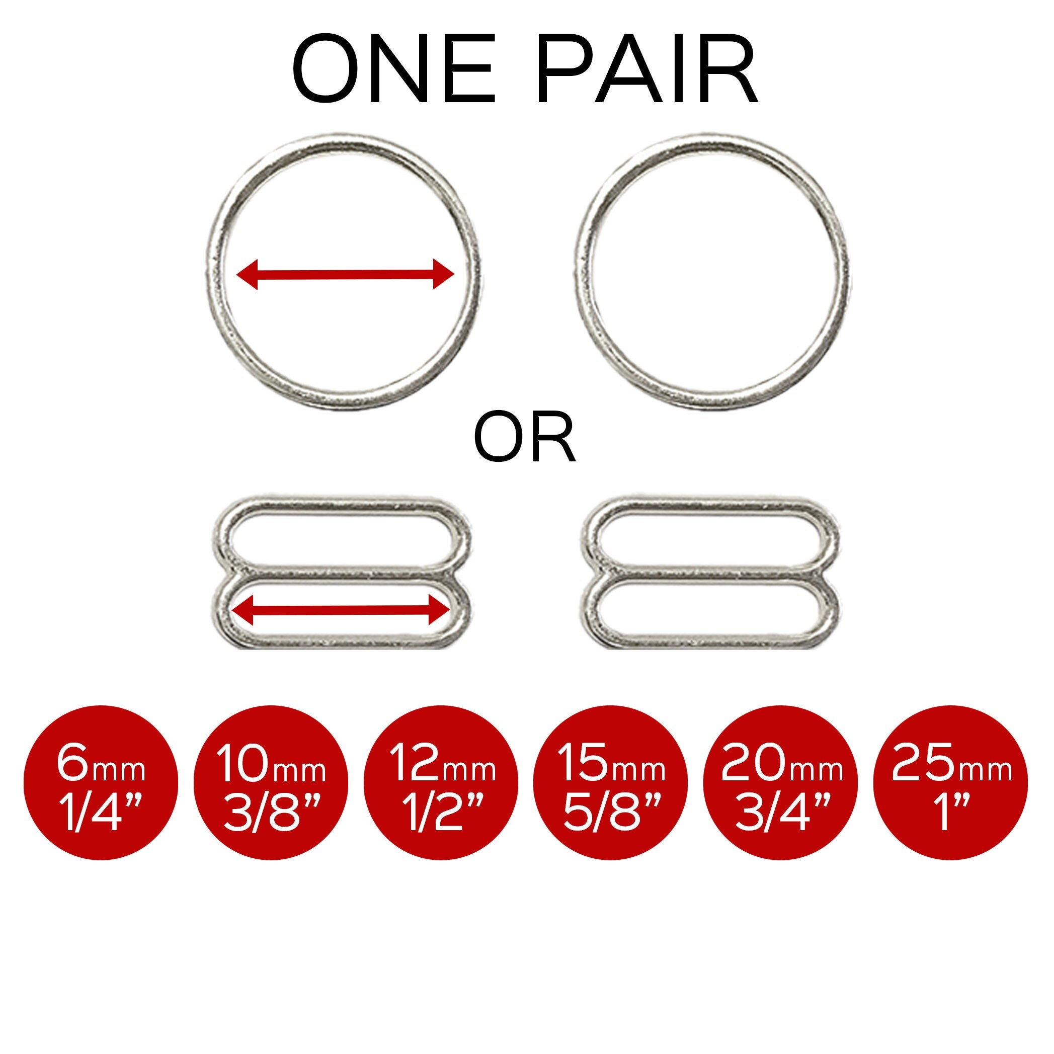 Set of 2 Rings OR 2 Sliders in Silver for swimwear or bra making- 1/4"/6mm, 3/8"/10mm, 1/2"/12mm, 5/8"/15mm, 3/4"/20mm, 1" (25mm)