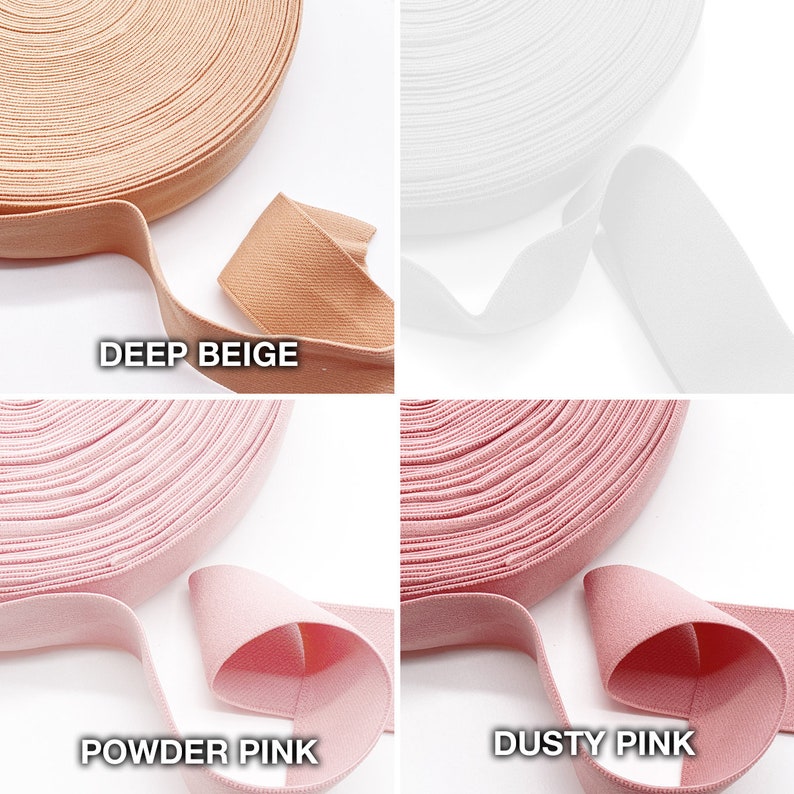 Puede incluir: Cuatro rollos de tejido el&aacute;stico en diferentes colores: beige oscuro, blanco, rosa polvo y rosa polvoriento. Cada rollo est&aacute; enrollado apretado y muestra la textura del tejido.