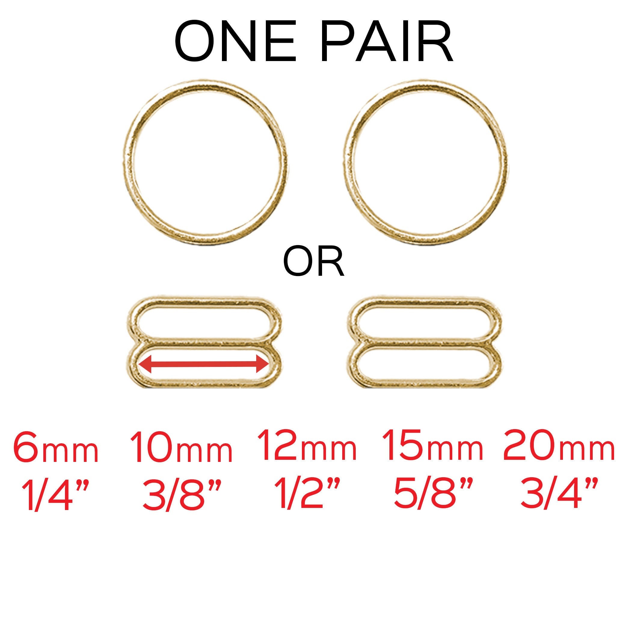 Set of 2 Rings OR 2 Sliders in Gold– 1/4"/6mm, 3/8"/10mm, 1…