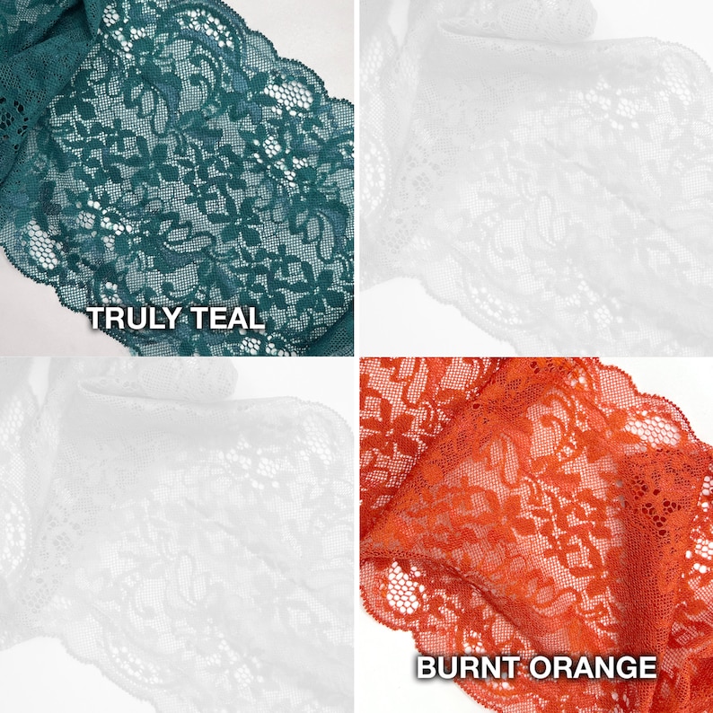Stitch Love Studio - 6 1/2" (16.5cm) Stretch Lace, Soft, High Quality- 1 Yard, in truly teal, burnt orange