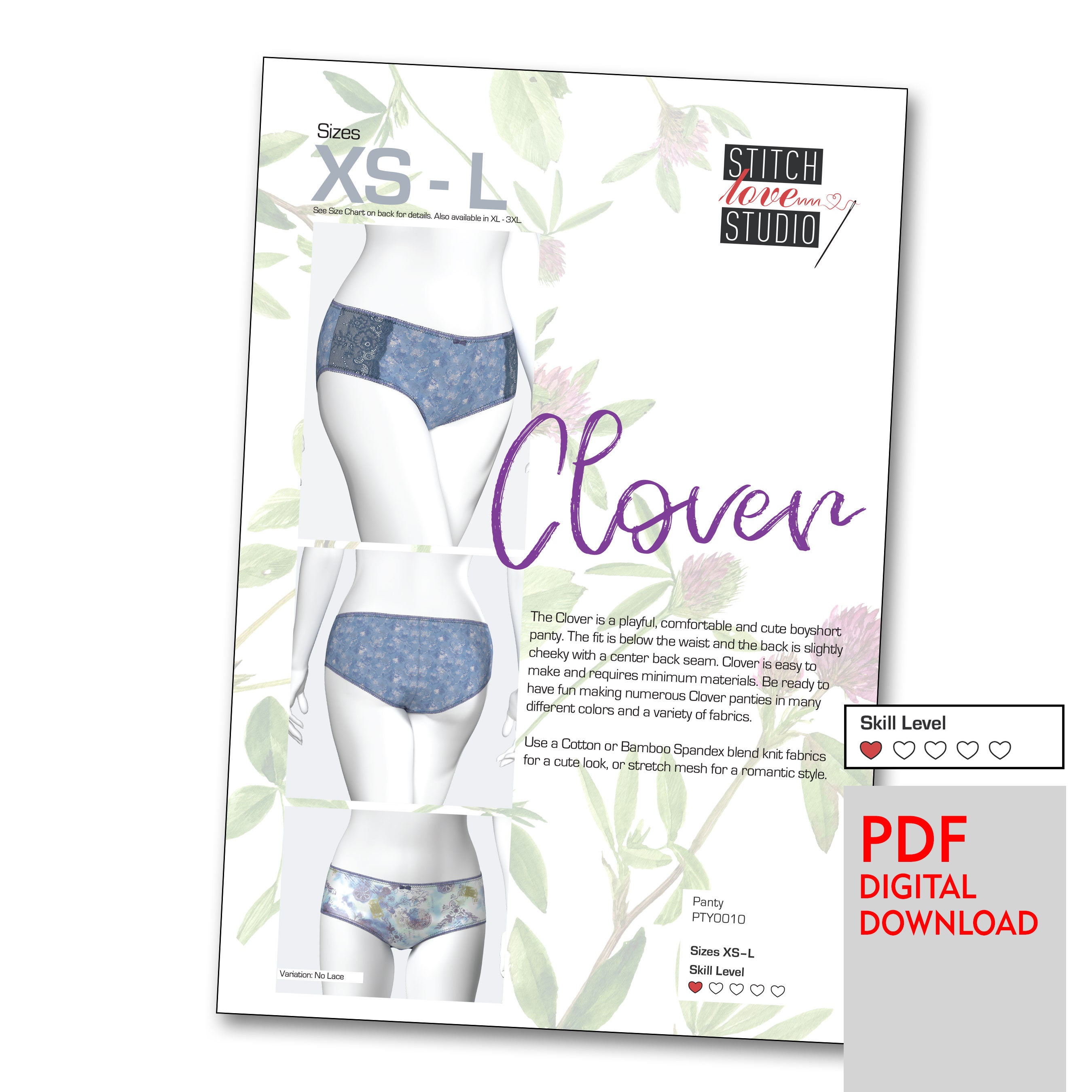 Downloadable PDF clover Panty Sewing Pattern, Sizes XS-L -  Canada