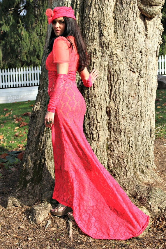 Bianca Coral Lace Dress, Gown, Neon Couture Handmade Original Ensemble. Victorian Wedding, Hat, Bolero Jacket, Neon Lace Bianca Coral Lace Dress, Gown, Neon Couture Handmade Original Ensemble. Victorian Wedding, Hat, Bolero Jacket, Neon Lace