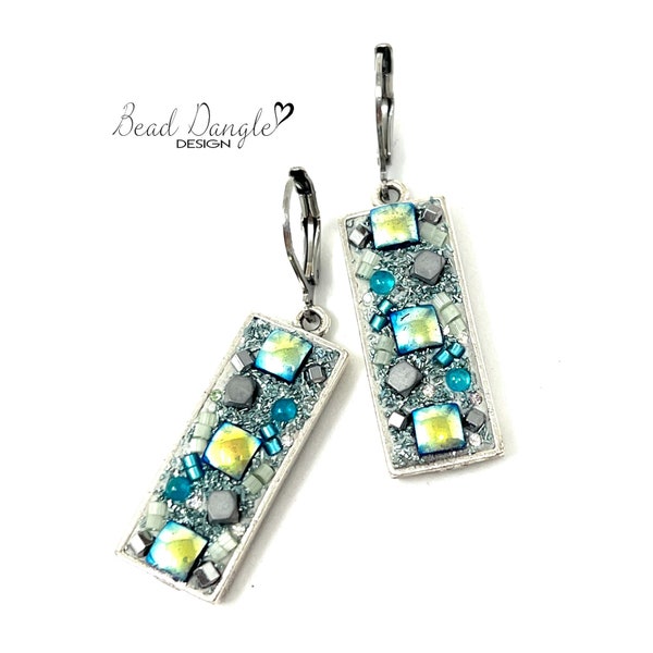 Handmade Beaded Earrings, Square, Swarovski, Glass, Yellow, Blue, Green, Dangle, Colorful, Drop, Leverback, Fun, Gorgeous, Rectangle