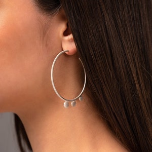 Hoop Earrings With Dots - Sterling Silver Earrings - Open Hoops - Large Hoops -  Silver Hoops - Minimalist Earrings