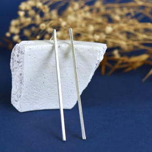 Può includere: Un paio di orecchini a barra d'argento. Gli orecchini sono lunghi, sottili e dritti, con un design minimalista. Sono esposti su una pietra strutturata bianco sporco su uno sfondo blu scuro. Fiori secchi sullo sfondo.