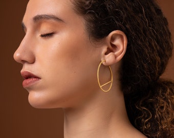 Gold Plated Large Geometric Hoops - Modern Hoops Earrings - Open Hoops - Midi Hoops - Minimal Earrings - Circle Earrings - Simple Earrings