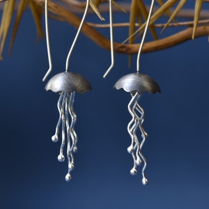 Oxidized Jellyfish - Sterling Silver Earrings - Ocean Earrings - Sea Life Jewelry - Beach Earrings - Sea Inspired - Long Earrings