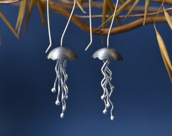 Oxidized Jellyfish - Sterling Silver Earrings - Ocean Earrings - Sea Life Jewelry - Beach Earrings - Sea Inspired - Long Earrings