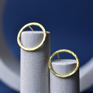 Gold Plated Hammered Circle Earrings: Minimalist Brass Jewelry