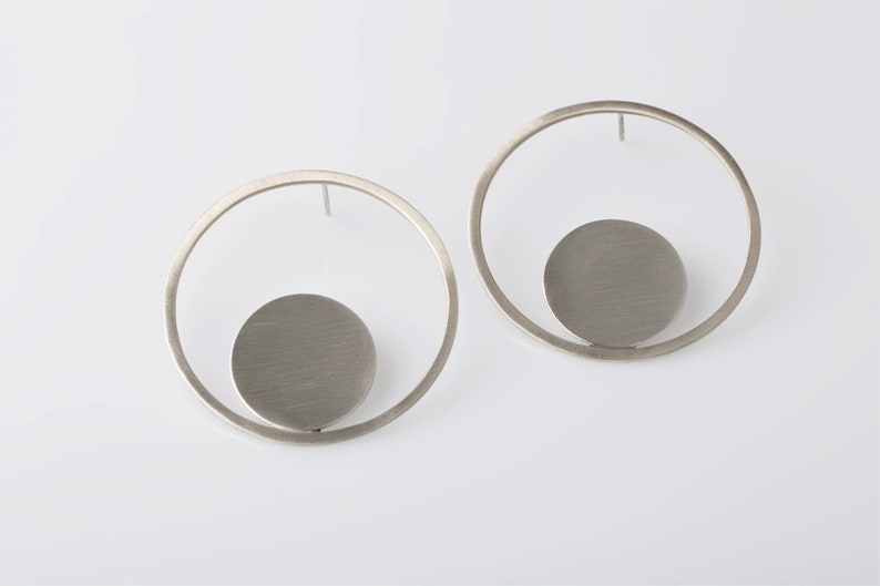 Circle Earrings With Disks Modern Earrings Circle Earrings Minimal Earrings Geometric Earrings Silver Earrings Gift for Her image 5