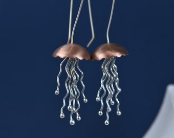 Rose Gold Jellyfish Earrings - Ocean Earrings - Medusa Earrings -  Silver Drop Earrings - Statement Earrings - Dangle Earrings