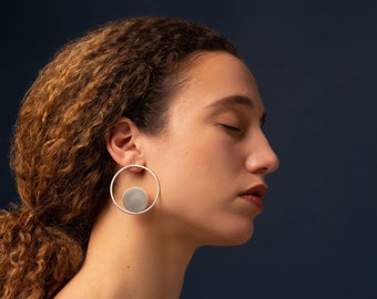 Circle Earrings With Disks - Modern Earrings - Circle Earrings - Minimal Earrings - Geometric Earrings - Silver Earrings - Gift for Her