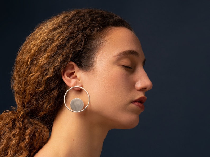 Circle Earrings With Disks Modern Earrings Circle Earrings Minimal Earrings Geometric Earrings Silver Earrings Gift for Her image 1