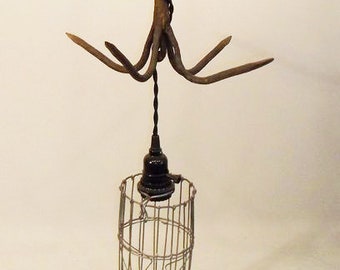 Hand made Vintage Wrought IRON Grapple Hook Light Fixture with Wire Cage