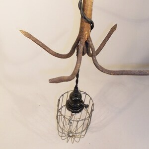 Hand made Vintage Wrought IRON Grapple Hook Light Fixture with Wire Cage image 3