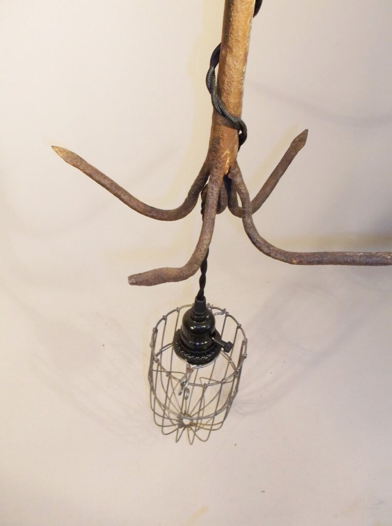 Hand made Vintage Wrought IRON Grapple Hook Light Fixture with Wire Cage image 3