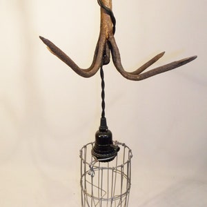 Hand made Vintage Wrought IRON Grapple Hook Light Fixture with Wire Cage image 2