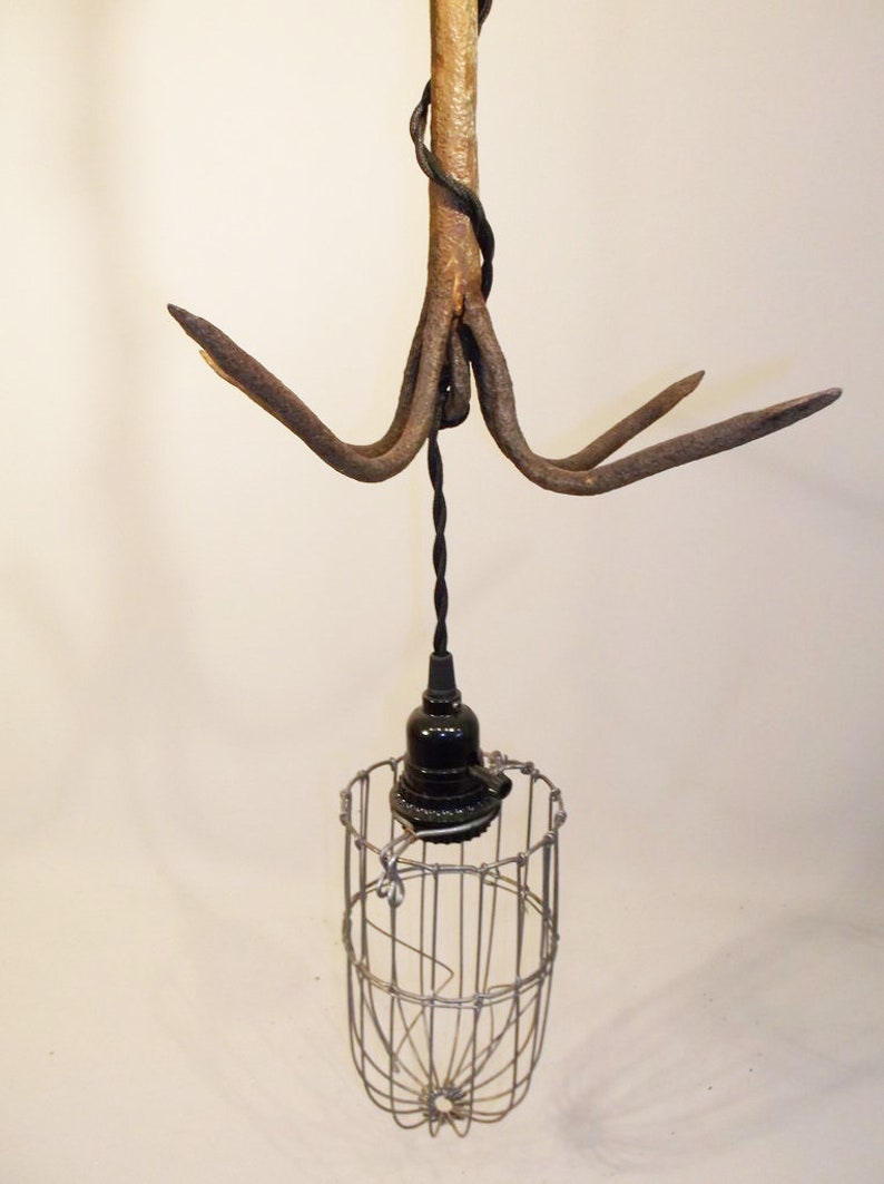 Hand made Vintage Wrought IRON Grapple Hook Light Fixture with Wire Cage image 2