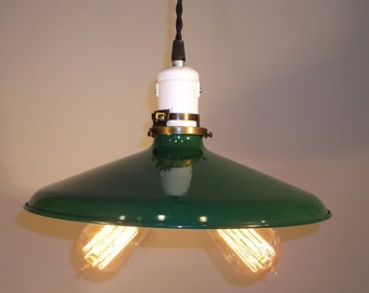 Hand Made 12" Enamel Shade DOUBLE Edison Bulb Hanging Light ,, White or  Green