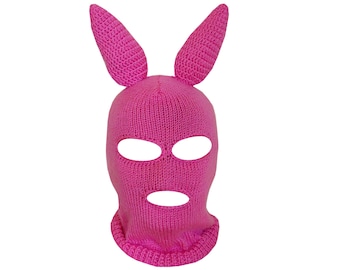 Bunny Pink Ski Mask Balaclava For Woman Handmade 3 Hole Halloween Outfit, Cosplay Costume, Knit Mask Christmas gift, Bunny Mask