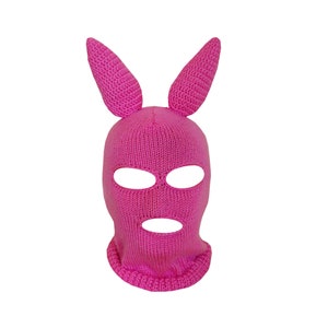 Bunny Pink Ski Mask Balaclava For Woman Handmade 3 Hole Halloween Outfit, Cosplay Costume, Knit Mask Christmas gift, Bunny Mask