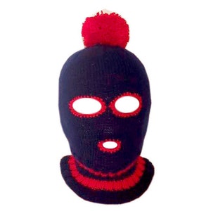 Blue And Red Ski Mask Balaclava With Pom-Pom- Unisex - Teen Adult - Halloween Outfit Costume/ Cosplay Mask