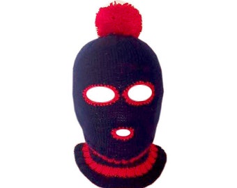 Blue And Red Ski Mask Balaclava With Pom-Pom- Unisex - Teen Adult - Halloween Outfit Costume/ Cosplay Mask