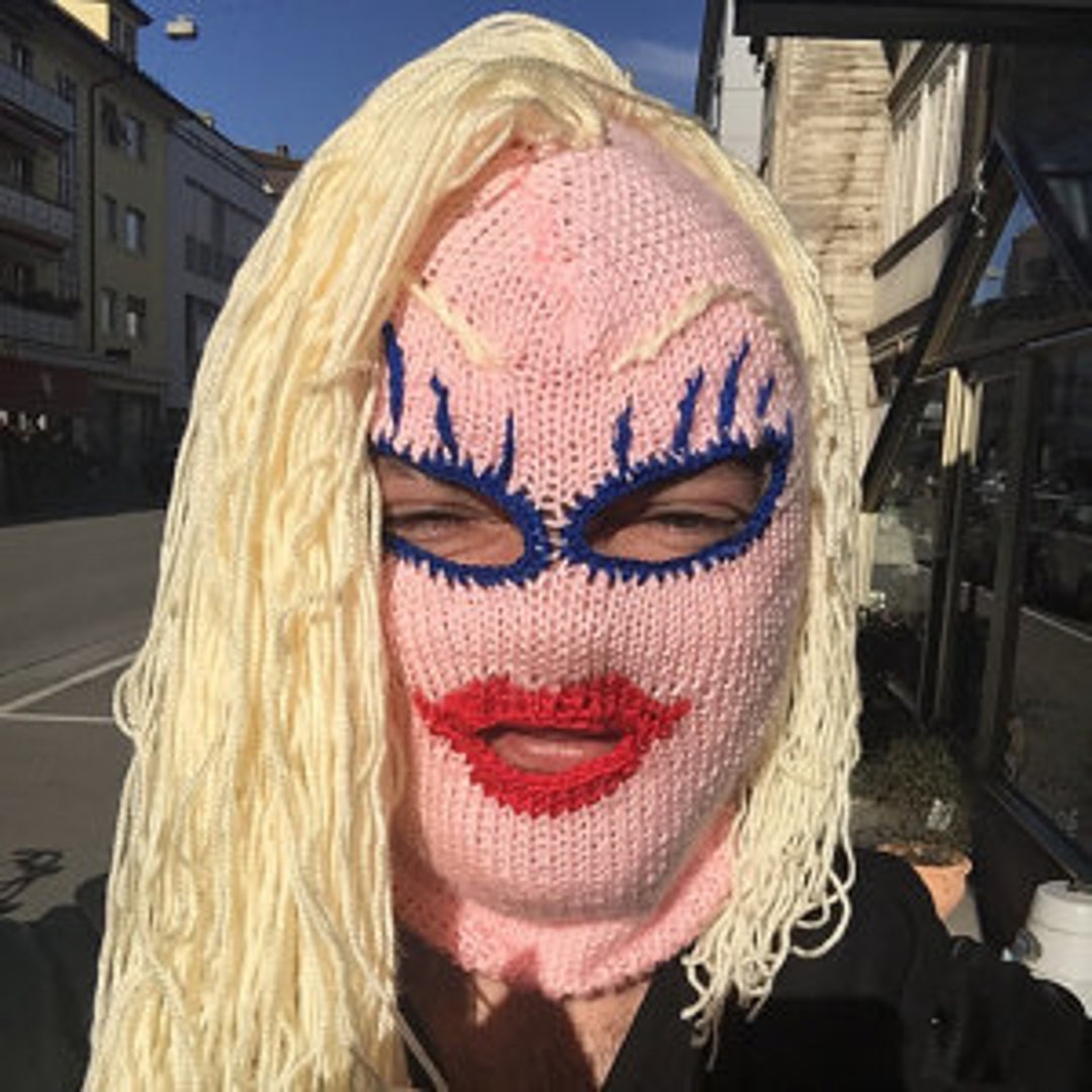 Monster Pink Mask Balaclava Knit Ski Mask Handmade 3 Hole Blond Black