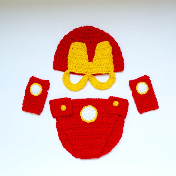 Iron Man Superhero Marvel Costume Hat, Diaper Cover And Gloves - Superhero Newborn Child X-Men - Halloween / Cosplay / Baby Shower