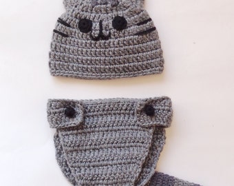 Pusheen Cat Hat Beanie with Diaper Cover Newborn Teen Adult Halloween Costume Outfit Cosplay Wig Baby Shower Gift Christmas