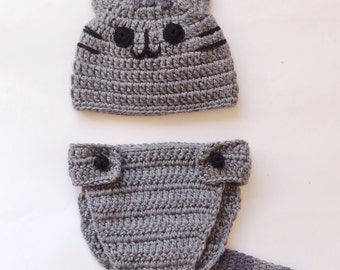 Pusheen Cat Hat / Beanie met luierhoes - pasgeboren, tiener, volwassene - Halloween kostuum outfit / cosplay pruik / baby shower cadeau Kerstmis